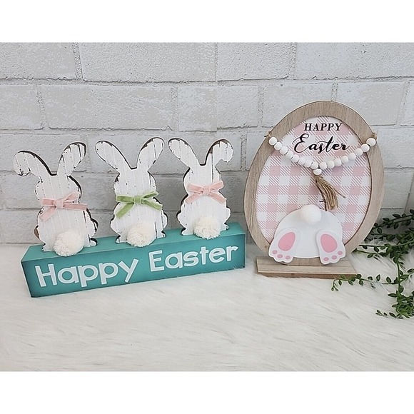 Easter Bunny Rabbit Egg Wood Signs Tabletop Decor Bunnies Tails Set Of 2 NEW - Picture 2 of 7